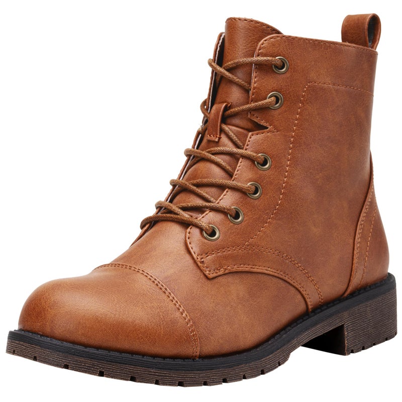 Vepose Women's Brown Ankle Boots Lace up, Flat Fashion Combat Booties Low Heel, 910 - Yellow Brown, Size 8.5 US (CJY910 Brown 08.5) - Image 1